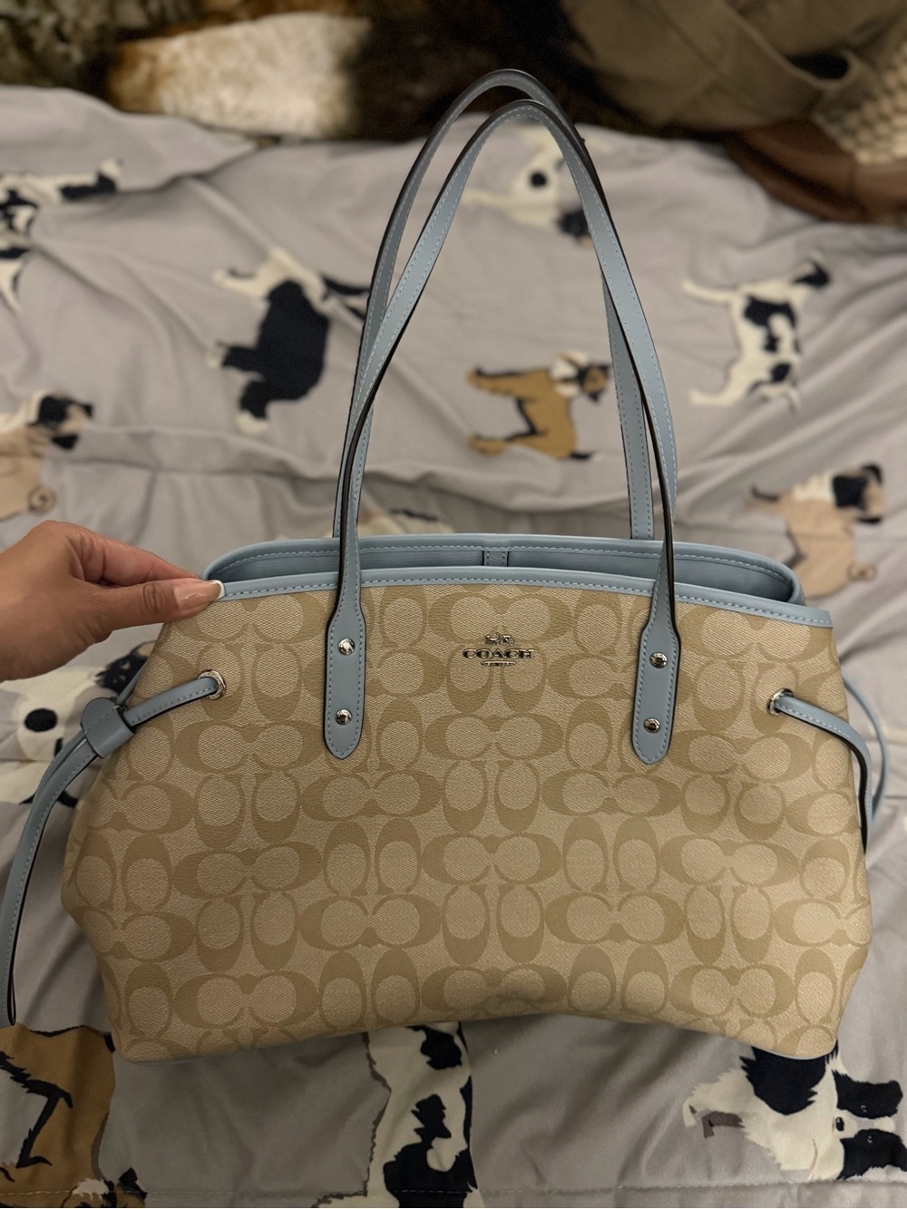 Coach Beige Signature Canvas Shoulder Tote with Light Blue Trim